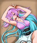  1girl absurdres aqua_eyes aqua_hair armpits ball_gag bdsm breasts bright_pupils cleavage collarbone commentary commission commissioner_upload cosmikirin english_commentary gag gagged heterochromia highres hiiragi_kirin kazisain large_breasts long_hair multicolored_hair non-web_source original pink_eyes pink_hair pointy_ears solo two-tone_hair very_long_hair 
