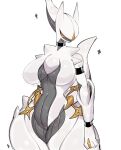  1girl arceus armlet black_bracelet black_choker bracelet breasts choker cowboy_shot highres jewelry large_breasts pokemon pokemon_(creature) simple_background solo thick_thighs thighs usa37107692 white_background 