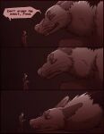  anthro bodily_fluids canid canine clothed clothing comic digital_media_(artwork) duo english_text feral fur hair hi_res human lemondeer male male/male mammal monochrome monster mordecai_(lemondeer) noah_(downthehatch) simple_background size_difference text 