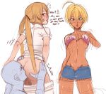  1other 2girls :o absurdres ahoge ambiguous_gender anilingus bandeau_lift bare_shoulders blonde_hair blue_shorts breasts clothes_pull english_commentary english_text hair_between_eyes highres large_breasts long_hair looking_back mito_ikumi multiple_girls nakiri_erina navel nsfwgreen open_clothes open_shorts pants pants_pull ponytail shirt shokugeki_no_souma short_hair short_sleeves shorts 