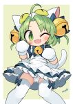  1girl :3 animal_hands animal_hat apron artist_name bell blue_dress blush border cat_hat commentary_request dejiko di_gi_charat dress fang frilled_apron frilled_dress frills gloves green_background green_eyes green_hair hair_bell hair_ornament hat highres jingle_bell looking_at_viewer maid maid_apron nanatsuta neck_bell one_eye_closed open_mouth outside_border panties pantyshot paw_gloves puffy_short_sleeves puffy_sleeves short_hair short_sleeves signature skin_fang solo thighhighs underwear white_apron white_border white_panties white_thighhighs 