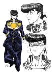  anger_vein black_hair carota327 diamond_wa_kudakenai fang gakuran hand_in_pocket higashikata_josuke highres inset jojo_no_kimyou_na_bouken male_focus partially_colored peace_symbol pompadour school_uniform shaded_face 