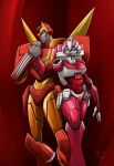  1boy 1girl arcee autobot blue_eyes boots breasts crimson-nemesis highres holding_another&#039;s_wrist holding_hands humanoid_robot medium_breasts panties pink_lips pink_panties red_background robot rodimus rodimus_prime thick_thighs thighs transformers transformers_animated underwear wings 