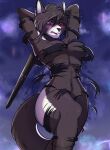  5_fingers anthro astradoll big_breasts blush breasts canid canine canis clothing digital_media_(artwork) female fingers fur hair holding_object mammal melee_weapon nude open_mouth simple_background solo sword tail weapon 
