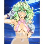 1girl ahoge boku_no_hero_academia breasts commentary_request gloves green_eyes green_hair grey_gloves hagakure_tooru highres looking_at_viewer medium_breasts messy_hair mizumori_keiichi navel partially_invisible revealing_clothes solo unusually_visible 