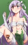  2girls :d :o bandaged_chest bandaged_leg bandages bdsm bondage bound breasts chibi fate/grand_order fate_(series) fujimaru_ritsuka_(female) giant heterochromia highres kingprotea_(fate) kuronami616 long_hair multiple_girls naked_bandage purple_eyes purple_hair red_eyes simple_background smile 