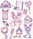  animal_print bag bow bowtie bracelet cellphone comb commentary_request cup electric_fan fang grid_background hair_ribbon hairband handbag jewelry lipstick mail makeup mirror mochopaccho no_humans open_mouth phone pink_bow pink_bowtie pokemon postage_stamp ribbon scissors simple_background stuffed_toy sylveon tail teacup teeth twitter_username watch white_background wristwatch 