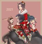  2021 2girls absurdres animal_ears avatar_(ff11) blue_eyes blue_hair blunt_bangs cactus41747280 cat_ears cat_girl chacharoon closed_mouth dark_blue_hair final_fantasy final_fantasy_xi fingernails floral_print floral_print_kimono flower fur_collar hair_flower hair_ornament highres japanese_clothes kimono mandragora_(final_fantasy) mithra_(ff11) multiple_girls nail_polish no_eyebrows own_hands_together pink_kimono pointy_ears print_kimono purple_hair qiqirn red_flower red_kimono red_nails short_hair smile socks tabi tarutaru white_socks zouri 