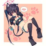  1girl 2049_(hh5566) animal_ear_fluff animal_ears animal_hands bell black_bra black_hair black_panties blue_archive blue_ribbon blush bow bra breasts cat_cutout cat_ears cat_lingerie choker clothing_cutout embarrassed frilled_bra frilled_choker frilled_panties frills full_body gloves hair_ribbon halo long_hair looking_at_viewer meme_attire panties paw_gloves paw_shoes pixel_art red_eyes ribbon serika_(blue_archive) small_breasts solo spoken_blush sweat tail tail_bell tail_bow tail_ornament thigh_strap twintails underwear 