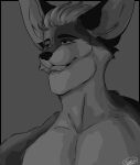  2023 anthro big_chin big_ears canid canine eyebrows fluffyfoxarts fox gigachad grey_background greyscale hair hi_res lips male mammal meme monochrome muscular muscular_anthro muscular_male open_mouth pecs portrait reaction_image signature simple_background smile solo teeth 