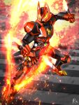  1boy absurdres armor black_armor black_bodysuit bodysuit boost_mark_ii_buckle commentary_request cowboy_shot desire_driver fighting_stance fire flame_print fox fox_boy fox_mask gloves glowing glowing_eyes green_fire highres hitodama incoming_attack kamen_rider kamen_rider_geats kamen_rider_geats_(series) kamen_rider_geats_boost_mark_ii kitsune male_focus mask mixed-language_commentary mouth_guard multiple_tails orange_eyes power_armor raise_buckle raised_fist red_footwear red_gloves reiei_8 shoulder_armor tail thighs 