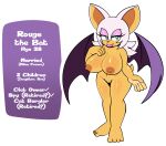  4_toes aged_up alternate_hairstyle anthro bat big_breasts breasts cute_fangs english_text feet female genitals hi_res hyoumaru mammal mature_female nipples nude pussy rouge_the_bat sega solo sonic_the_hedgehog_(series) text toes wings 