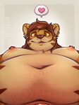  &lt;3 anthro areola belly_focus blush body_hair brown_hair bubble_speech cheek_marks countershading crotch_shot curled_hair digital_media_(artwork) ear_piercing felid fur gabe_(mytigertail) genitals groin hair hi_res long_hair looking_at_viewer low-angle_view male mammal markings moobs mytigertail navel navel_fetish nipples nude overweight overweight_anthro overweight_male pantherine penis piercing pubes simple_background slightly_chubby smile solo speech_bubble striped_markings stripes tiger 