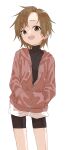  1girl :d absurdres bike_shorts brown_eyes brown_hair copyright_request flat_chest hands_in_pockets highres jacket looking_at_viewer open_mouth red_jacket shorts simple_background smile solo standing white_background white_shorts yamamoto_souichirou 