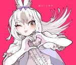  +_+ 1girl absurdres animal_ears brown_eyes dress elbow_gloves gloves heart heart_hands highres kanmoku-san kemono_friends long_hair looking_at_viewer one_eye_closed pink_background rabbit_ears rabbit_girl ribbon simple_background snowshoe_hare_(kemono_friends) solo straight_hair tongue white_dress white_hair 