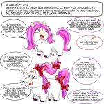  baby_talk blue_eyes dialogue duo female feral fluffy_pony fur hair inshi offscreen_character purple_hair ribbons simple_background spanish_text text white_background white_body white_fur 
