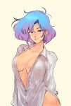  1girl absurdres arms_behind_back blue_hair borrowed_character breasts collarbone commentary david_liu dress_shirt english_commentary gift_art gradient_hair highres large_breasts looking_at_viewer multicolored_hair naked_shirt no_bra original partially_unbuttoned purple_eyes purple_hair shirt short_hair solo white_shirt 