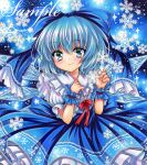  1girl adapted_costume blue_background blue_bow blue_dress blue_eyes blue_hair bow cirno closed_mouth dress frills hair_bow ice ice_wings index_finger_raised looking_at_viewer marker_(medium) medium_hair neck_ribbon puffy_short_sleeves puffy_sleeves red_ribbon ribbon rui_(sugar3) sample_watermark short_sleeves smile snowflakes solo touhou traditional_media upper_body watermark wings wrist_cuffs 