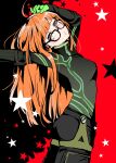  1girl ahoge arms_up ass black_bodysuit bodysuit breasts from_side glasses gloves green_gloves head_tilt highres long_hair looking_at_viewer orange_hair outstretched_arm parted_lips persona persona_5 pipioo088 purple_eyes sakura_futaba small_breasts solo starry_background two-tone_background very_long_hair 