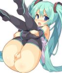  1girl anus ass black_footwear black_sleeves blue_eyes blue_hair blush body_blush boots bottomless clitoris commentary_request detached_sleeves full_body grey_shirt hair_between_eyes hair_ornament hatsune_miku hugging_own_legs leg_hold long_bangs long_hair looking_at_viewer open_mouth pussy shirt simple_background sleeveless sleeveless_shirt solo thigh_boots tsudero twintails uncensored very_long_hair vocaloid white_background 