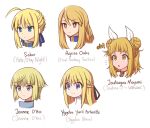  5girls agrias_oaks ahoge artoria_pendragon_(fate) blonde_hair blue_eyes braid character_name closed_mouth crossover double_bun english_text fate/stay_night fate_(series) hair_between_eyes hair_bun hair_ribbon jeanne_d&#039;arc_(fate) joutouguu_mayumi long_hair multiple_girls open_mouth portrait ribbon saber short_hair simple_background smile touhou white_background white_ribbon wool_(miwol) yellow_eyes yggdra_yuril_artwaltz 