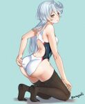 1girl adjusting_clothes adjusting_swimsuit ahoge aona_(anagasaki) ass black_thighhighs blue_background brown_pantyhose competition_swimsuit from_behind grey_hair gundam gundam_suisei_no_majo hair_between_eyes highres kneeling long_hair looking_at_viewer miorine_rembran multicolored_clothes multicolored_swimsuit one-piece_swimsuit pantyhose solo swept_bangs swimsuit thighhighs twitter_username white_one-piece_swimsuit 