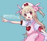  &gt;_&lt; 1girl :d apron armband bandaged_arm bandaged_wrist bandages blue_background blush center_frills collared_dress commentary dress fang frills hair_ornament hat heart heart_print light_brown_hair long_hair looking_at_viewer natori_sana natori_sana_(artist) nurse_cap open_mouth outstretched_arm pink_apron pink_headwear pointing puffy_short_sleeves puffy_sleeves rabbit_hair_ornament red_armband red_eyes safety_pin sana_channel short_sleeves simple_background skin_fang smile solo symbol-only_commentary translation_request two_side_up virtual_youtuber white_dress 