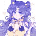  1girl bishoujo_senshi_sailor_moon blue_eyes bow bow_choker breasts chestnut_mouth cleavage crescent crescent_earrings dress earrings hair_ornament highres jewelry long_hair luna_(sailor_moon)_(human) makeup miso_yaki parted_bangs purple_hair small_breasts solo star_(symbol) star_hair_ornament upper_body watermark wavy_hair yellow_bow yellow_dress 