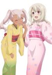  2girls blush breasts chloe_von_einzbern commentary_request dark-skinned_female dark_skin fate/kaleid_liner_prisma_illya fate_(series) floral_print highres hiroyama_hiroshi illyasviel_von_einzbern japanese_clothes kimono long_hair looking_at_viewer multiple_girls obi official_alternate_costume official_art one_eye_closed open_mouth pink_hair print_kimono red_eyes sash simple_background small_breasts smile straight_hair twintails white_background white_hair wide_sleeves yukata 