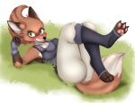  absurd_res canid canine claws clothing embarrassed fleet_(dungeons_of_aether) fox green_eyes hi_res laying_on_ground long_tail mammal pawpads paws_in_socks simple_background snarling tail 