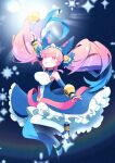  1girl arm_up blue_hair breasts cleo_(dragalia_lost) detached_sleeves dragalia_lost dress full_body hair_ornament holding holding_wand large_breasts multicolored_hair open_mouth pink_eyes pink_hair short_hair solaria_aa solo teeth twintails two-tone_hair very_short_hair wand 