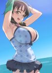  1girl armpits arms_up asano_fuka black_hair blue_one-piece_swimsuit blue_sky blush bow breasts brown_eyes cleavage collarbone cowboy_shot from_side glasses green_shirt grey-framed_eyewear hair_bow highres horizon idolmaster idolmaster_cinderella_girls idolmaster_cinderella_girls_starlight_stage kawaty large_breasts looking_at_viewer low_twintails ocean one-piece_swimsuit open_mouth outdoors polka_dot_one-piece_swimsuit shirt short_hair sky smile solo standing swimsuit swimsuit_skirt twintails undressing 
