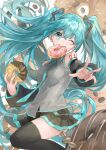  1girl aqua_eyes aqua_hair aqua_necktie bare_shoulders black_skirt black_sleeves black_thighhighs coffee_beans commentary cowboy_shot detached_sleeves doughnut floating_hair food food-themed_background food_in_mouth foreshortening french_cruller grey_shirt hair_ornament hatsune_miku heart heart_in_eye highres himukai_aoi holding holding_food long_hair looking_at_viewer miniskirt mouth_hold necktie one_eye_closed outstretched_arm pleated_skirt reaching_towards_viewer shirt shoulder_tattoo skirt sleeveless sleeveless_shirt smile solo sprinkles symbol_in_eye tattoo thighhighs twintails very_long_hair vocaloid 