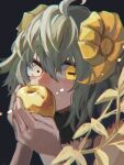  1boy ahoge apple covered_mouth fate/grand_order fate_(series) food fruit goat_horns golden_apple green_hair haruakira highres holding holding_food holding_fruit horns leaf light_particles male_focus mismatched_pupils otoko_no_ko paris_(fate) rectangular_pupils short_hair solo upper_body yellow_eyes 