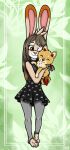  anthro bad_guy_cafe bottomwear brown_body brown_eyes brown_fur brown_hair canid canine canis clothing demon domestic_dog duo embrace female fur hair hi_res hug lagomorph leporid mammal ocerydia_zoona rabbit shiba_inu skirt spitz tan_body tan_fur yaya_(ziegrydia) yellow_body yellow_fur ziegelzeig 