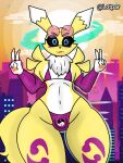  armwear bandai_namco black_sclera blue_eyes bulge clothing digimon digimon_(species) elbow_gloves fur genitals girly gloves handwear hi_res invalid_tag lot_par male peace_sign_(disambiguation) penis renamon solo thick_thighs wide_hips yellow_body yellow_fur 