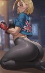  1girl ass blonde_hair blurry blurry_background blush breasts cammy_white closed_mouth commentary gloves highres lips looking_at_viewer medium_breasts midriff patreon_username red_gloves scar scar_on_face shexyo short_hair sitting solo street_fighter street_fighter_6 union_jack wariza 