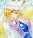  1girl alto2019 animal_ears blonde_hair blue_tabard dress fox_ears fox_tail hat highres long_sleeves marker_(medium) mob_cap multiple_tails ofuda ofuda_on_clothes sample_watermark short_hair solo tabard tail touhou traditional_media watermark white_dress white_headwear wide_sleeves yakumo_ran yellow_eyes 