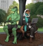  anthro blush bodily_fluids bottomwear brown_body brown_scales city clothed clothing computer detailed_background duo ethrk female fully_clothed green_body green_scales headgear headwear hi_res hijab laptop lizard male muscular muscular_anthro muscular_male outside park plant religious_clothing religious_headwear reptile scales scalie shirtless shorts side_by_side sitting smile sweat tree 