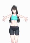 1girl alternate_costume aqua_eyes armpits bare_arms bare_shoulders bike_shorts black-framed_eyewear black_hair black_shorts blush breasts closed_mouth collarbone commentary_request cowboy_shot cropped_legs glasses green_eyes grey_background groin hair_between_eyes hairband highres kantai_collection long_hair looking_at_viewer medium_breasts ooyodo_(kancolle) shorts simple_background smile solo sports_bra standing stomach white_background white_hairband yuuji_(and) 