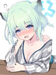  1girl :d animal_ears aoraine aqua_hair arm_rest blue_archive blue_halo blush breasts cleavage collarbone cup drink eyelashes grey_kimono hair_between_eyes halo hand_up head_on_hand head_rest head_tilt highres holding holding_cup japanese_clothes kimono long_sleeves looking_at_viewer medium_breasts nose_blush off_shoulder open_mouth pink_eyes shigure_(blue_archive) short_hair single_bare_shoulder smile solo upper_body yukata 