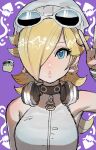  1girl alternate_costume bare_arms bare_shoulders black_choker blonde_hair blue_eyes choker eyewear_on_head fish_earrings hair_over_one_eye light_blush long_hair luma_(mario) mario_(series) oshirimarsh rosalina shirt sleeveless sleeveless_shirt sunglasses turtleneck v zipper_pull_tab 