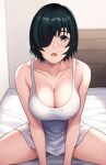  1girl black_hair blue_eyes blush breasts chainsaw_man cleavage collarbone commentary cowboy_shot english_commentary eyepatch gyunzai highres himeno_(chainsaw_man) indoors large_breasts looking_at_viewer naked_shirt on_bed one_eye_covered open_mouth shirt short_hair sitting solo spread_legs tank_top thighs white_tank_top 
