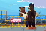  absurd_res anthro avian bear bird cartoon_network clothing duo grizzly_(wbb) gull hat headgear headwear hi_res hrelterskrelter lari larid male male/male mammal oil_rig railing sea sign small_top_big_bottom sun_bear ursine water we_bare_bears 