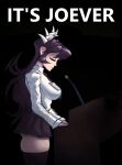  1girl absurdres black_background black_hair breasts closed_eyes filia_(skullgirls) from_side highres it&#039;s_joever_(meme) juggryph long_sleeves meme microphone pleated_skirt samson_(skullgirls) shirt skirt skullgirls solo thighhighs white_shirt 