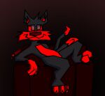  anthro black_body black_fur chair domestic_cat felid feline felis fokopoko fur furniture glowing glowing_eyes hand_on_knee hand_on_leg leather_chair looking_at_viewer looney_tunes male mammal pillow pose red_body red_fur red_furniture solo stylized sylvester warner_brothers 