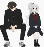  1boy 1girl alternate_costume artist_name black_eyes black_footwear black_jacket black_pants black_sailor_collar black_serafuku black_skirt black_socks blush closed_mouth commentary_request contemporary fate/samurai_remnant fate_(series) flying_sweatdrops gakuran green_eyes grey_footwear grey_hair hair_over_one_eye highres invisible_chair jacket long_hair long_sleeves looking_at_another miyamoto_iori_(fate) neckerchief one_eye_covered pants ponytail red_neckerchief sailor_collar school_uniform serafuku shoes short_hair simple_background sitting skirt sneakers socks very_long_hair white_background yui_shousetsu_(fate) yumeko_(fgo39625963) 