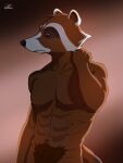  absurd_res anthro brown_body brown_fur clothed clothing digibeawr fur guardians_of_the_galaxy hi_res light light_beam male mammal marvel nude procyonid pubes raccoon red_eyes rocket_raccoon solo topless white_body white_face white_fur 
