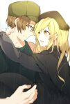  1boy 1girl arms_around_neck beret black_headwear blonde_hair brown_hair closed_mouth commentary_request couple crying crying_with_eyes_open eye_contact eyelashes from_side glasses grey_background hat hetero highres higurashi_no_naku_koro_ni hug light_blush long_hair looking_at_another open_mouth peaked_cap profile rain short_hair simple_background smile spoilers streaming_tears suzuragi_karin takano_miyo tears tomitake_jirou upper_body wide-eyed yellow_eyes 