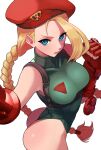  1girl absurdres ahoge badge blonde_hair blue_eyes braid breasts cammy_white chest_harness cowboy_shot fingerless_gloves from_above gloves green_leotard harness highleg highleg_leotard highres huge_ahoge kunimaki_(szxo7vln2nssgce) large_breasts leotard long_hair looking_at_viewer red_gloves scar scar_on_cheek scar_on_face solo standing street_fighter thong_leotard twin_braids 
